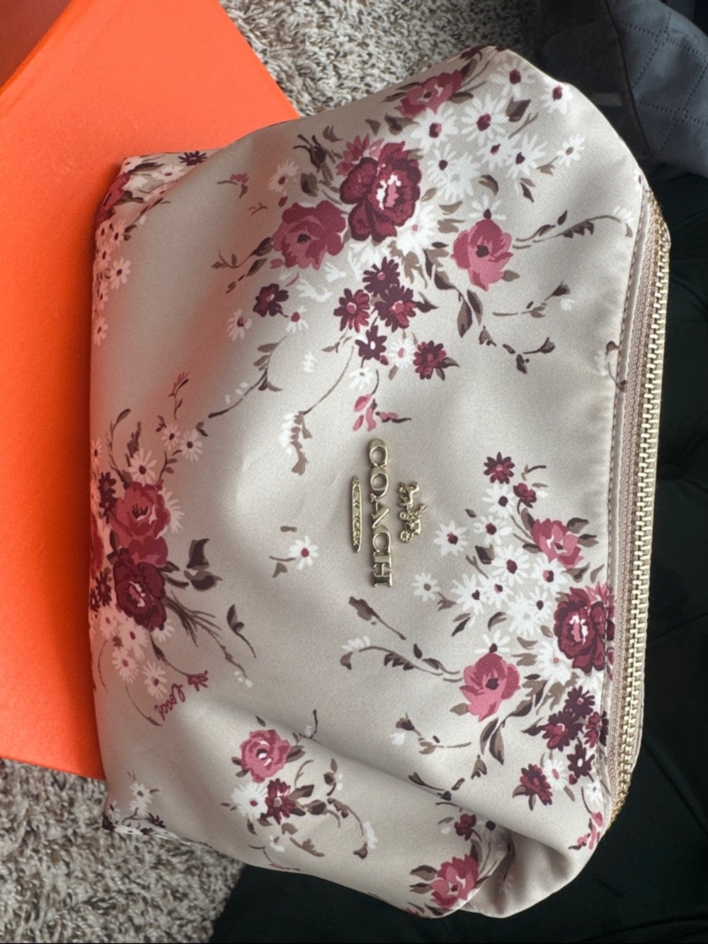 Coach Beige Floral Zip Pouch with Pink and Burgundy Roses